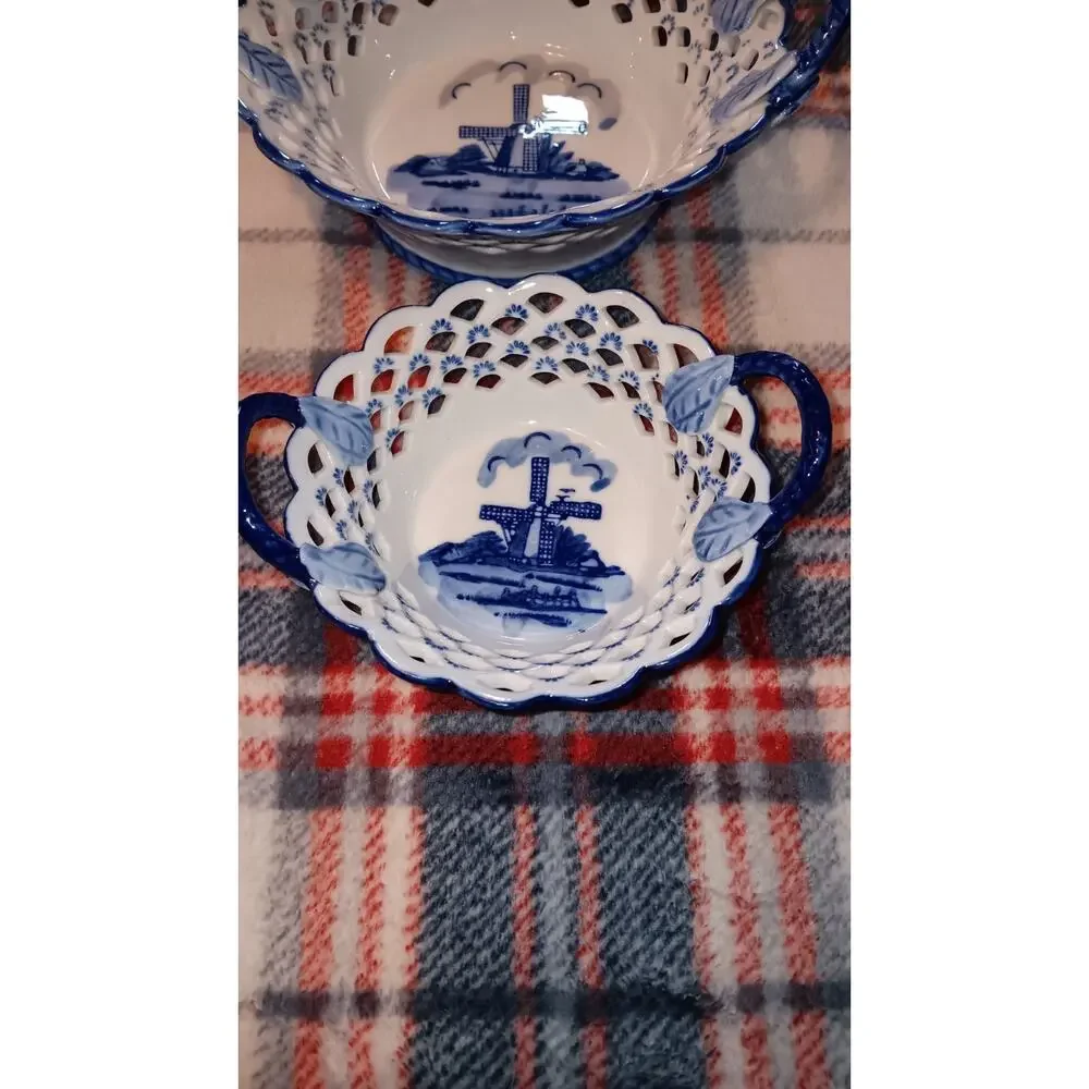 Lot Of 2 Delft Blue Pierced Lattice Trinket Dish, Holland, Windmill Handpainted